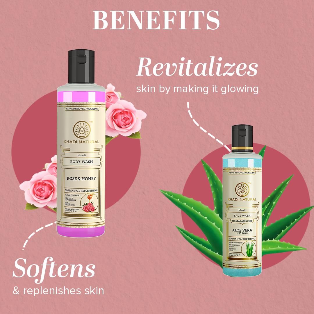 Khadi Natural Aloe Vera with Scrub Face Wash (SLS & Paraben Free) & Rose & Honey Body Wash – Combo Pack of 2 - 210ml Each - Image 2 - Buy from Indicrest