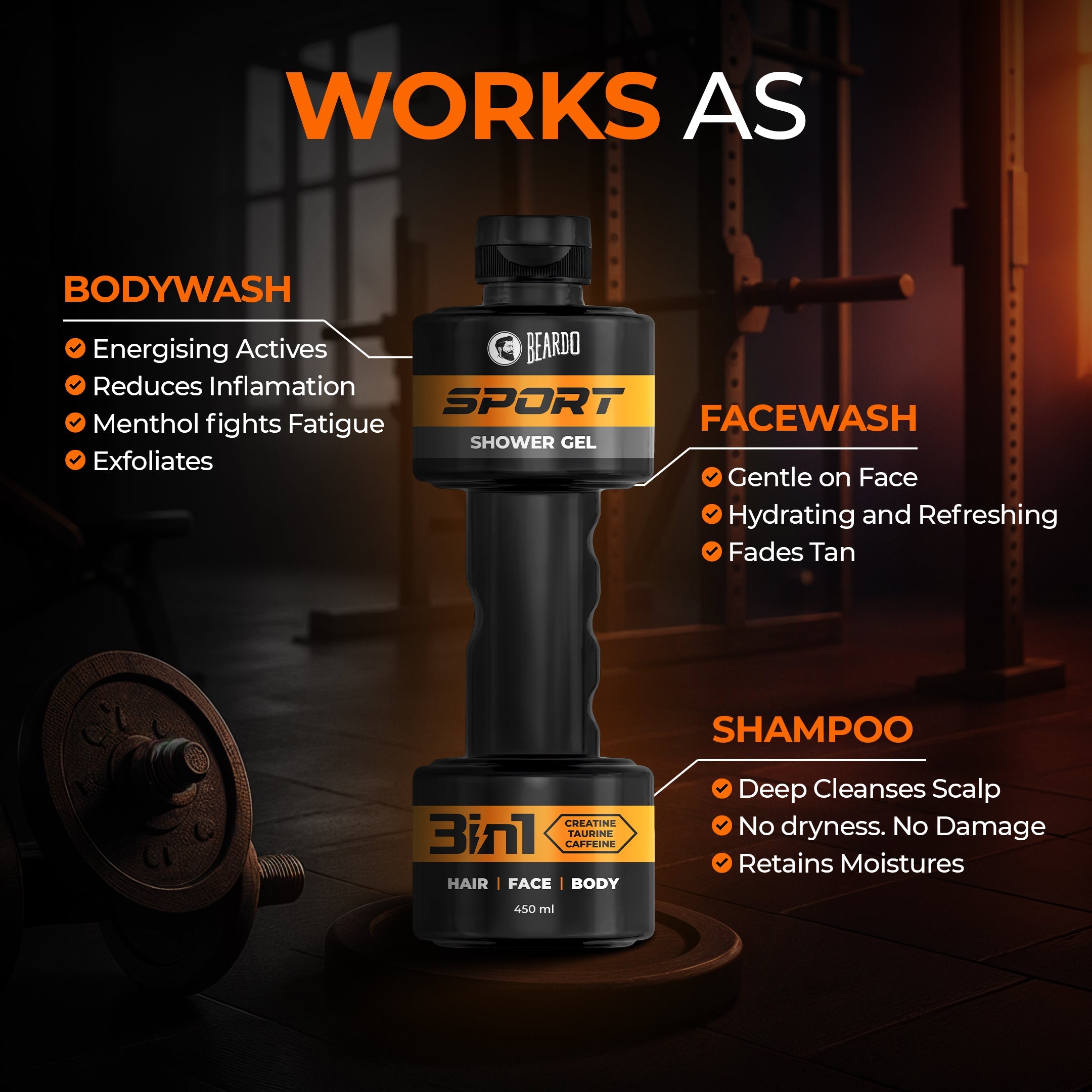 Beardo Sport 3-in-1 Body Wash Shower Gel, 450ml - Image 3 - Buy from Indicrest