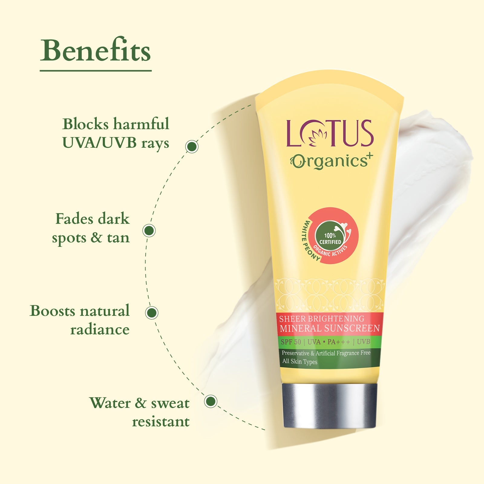 Lotus Herbals Organics+ Sheer Brightening Mineral Sunscreen SPF 50 PA+++, 100g