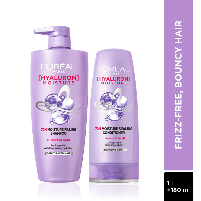 L'Oreal Paris Hyaluron Moisture Combo for 72HR Hydrated Hair Shampoo, 1000ml + Conditioner, 180ml Combo, 2 pieces Buy at Indicrest