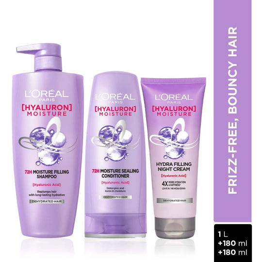 L'Oreal Paris Hyaluron Moisture Combo for 72HR Hydrated Hair Shampoo, 1000ml + Conditioner, 180ml + Night Cream, 180ml, 3 pieces Buy at Indicrest