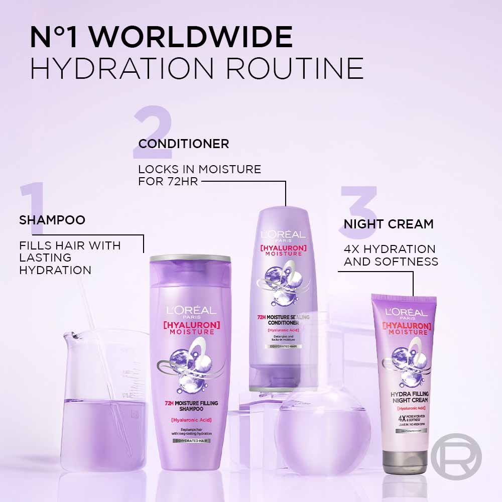 L'Oreal Paris Hyaluron Moisture Combo for 72HR Hydrated Hair Shampoo, 1000ml + Conditioner, 180ml + Night Cream, 180ml, 3 pieces Buy at Indicrest Image 8