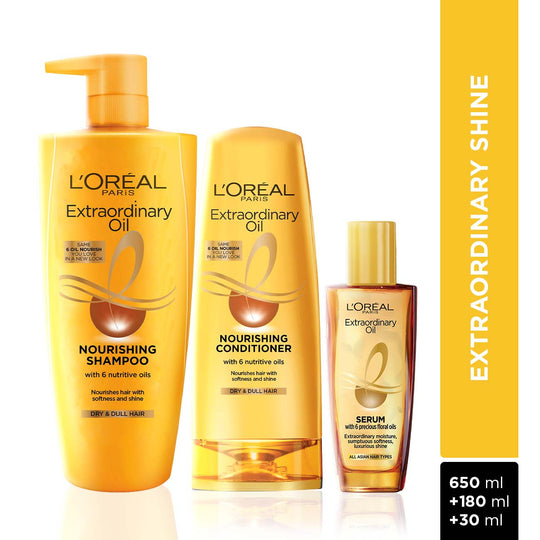 L'Oreal Paris Extraordinary Oil Hair Combo For Shiny & Frizz Free Hair Shampoo, 650ml + Conditioner, 180ml + Serum, 30ml, 3 pieces Buy at Indicrest