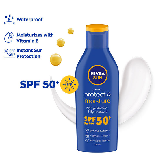 Nivea SPF 50+ PA+++ Protect & Moisture Sunscreen-No White Cast, With Vitamin C & Hyaluron, 125ml Buy at Indicrest
