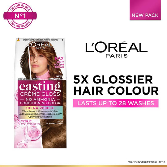L'Oreal Paris Casting Creme Gloss Conditioning Hair Color With Glycolic Gloss Complex Ultra Visible 632 Light Golden Brown, 160ml Buy at Indicrest