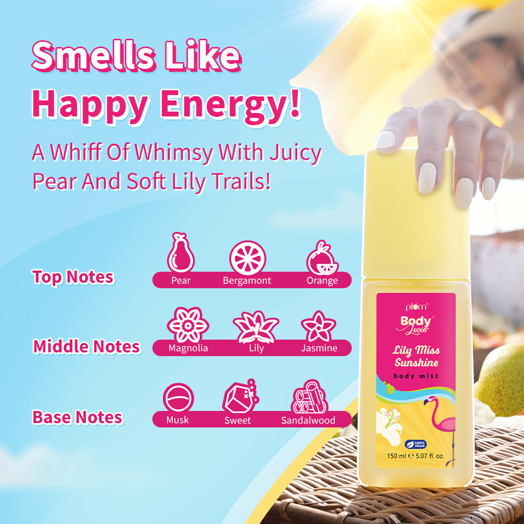 Plum Lily Miss Sunshine Body Mist by Plum BodyLovin' | Long Lasting | Travel-Friendly | Fruity-Floral Fragrance | Perfume Body Spray, 150ml