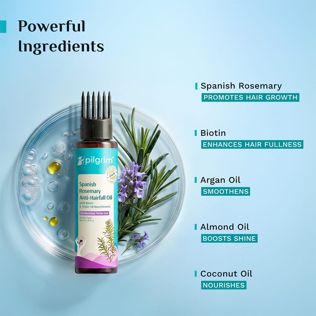 Pilgrim Spanish Rosemary Anti-Hairfall Oil with Biotin & Triple-Oil Nourishment, 100ml - Image 4 - Buy from Indicrest