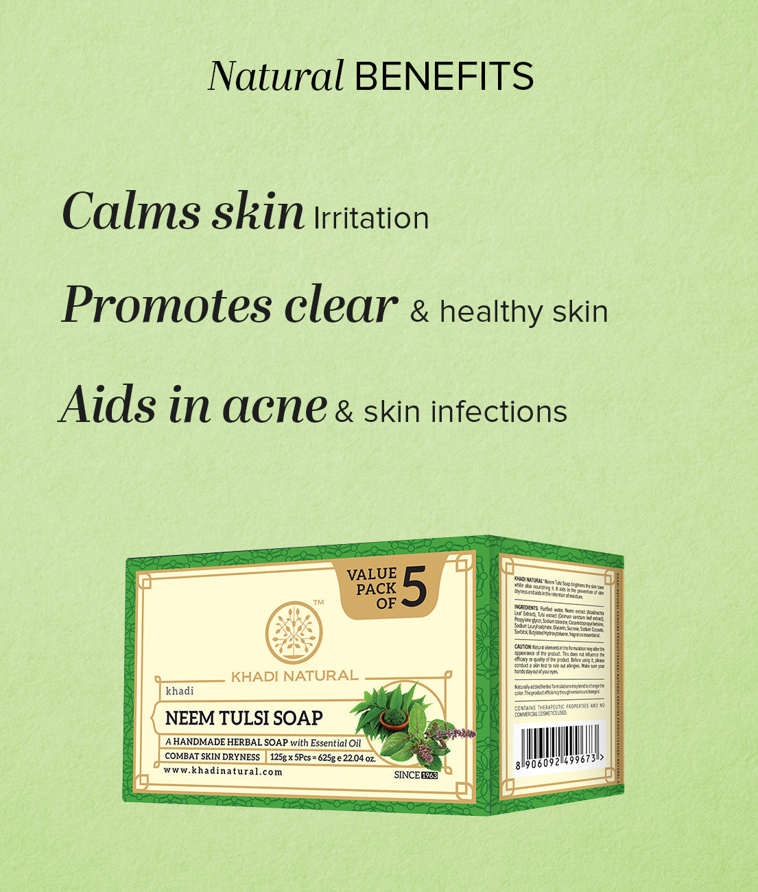 Khadi Natural Herbal Neem Tulsi Soap Combo Pack Of 5 – 125gm Each - Image 2 - Buy from Indicrest