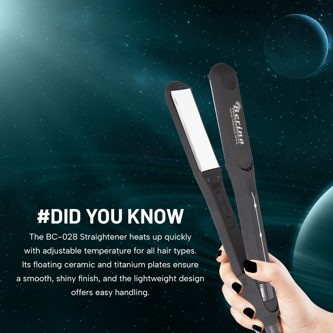 Berina Professional Mirror Titanium Shine BC-028 Hair Straightener | High-Shine Finish & Precision Styling, BC-028