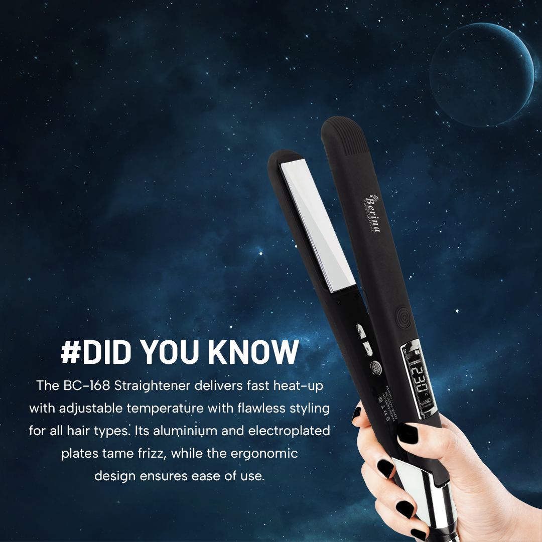 Berina Professional Silver Titanium Shine BC-168 Hair Straightener | High-Gloss Finish & Smooth Styling, BC-168
