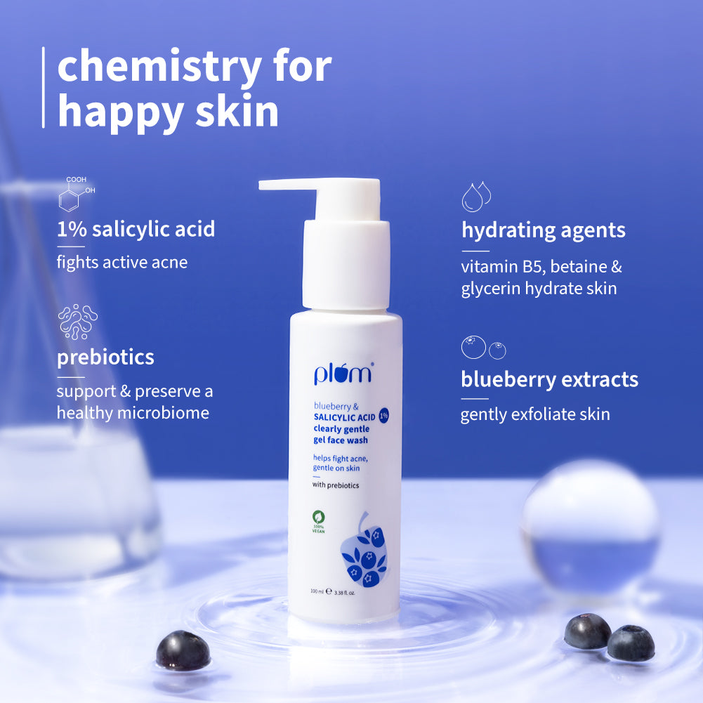 Plum Plum 1% Salicylic Acid Clearly Gentle Gel Face Wash with Blueberry | Helps Fight Active Acne | Gentle & Non-Drying | For Oily, Acne-Prone Skin | Beginner-Friendly | All Genders | 100% Vegan | 100 Ml, 100ml