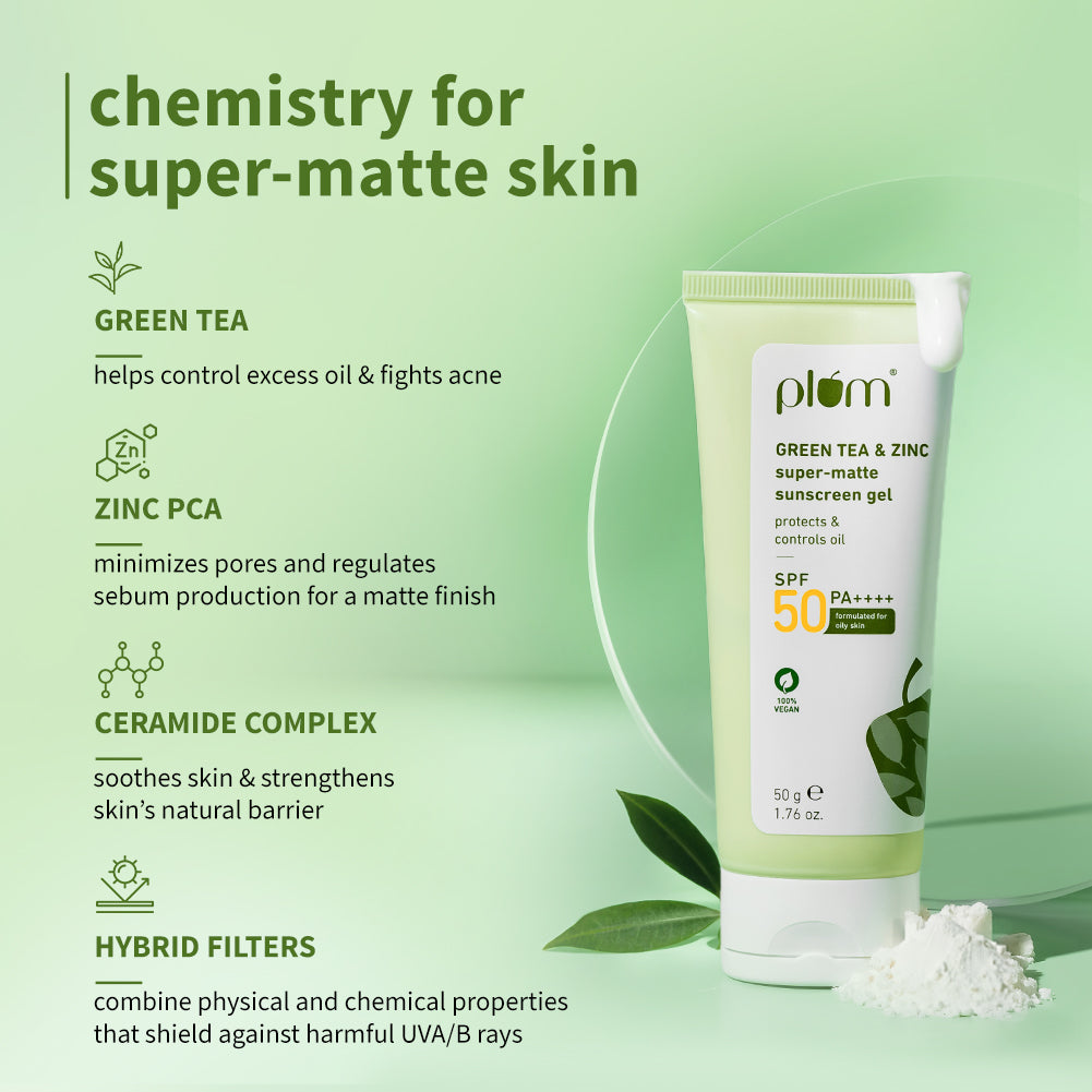 Plum Green Tea & Zinc Super-Matte SPF 50 Sunscreen Gel for Oily Skin | Instant Oil Reduction| 120-Min Water Resistant | Dermat-Tested | No White Cast, 50g