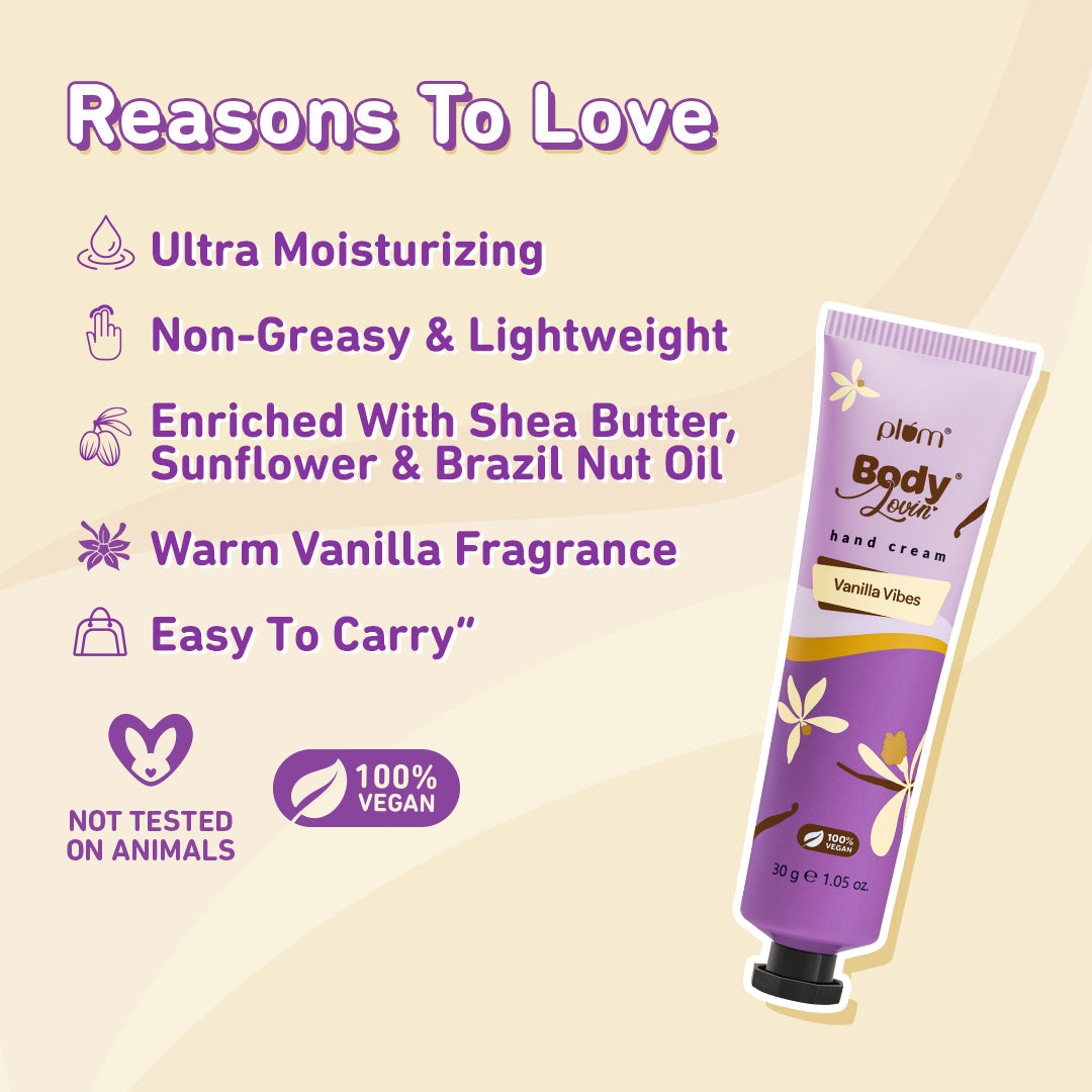 Plum Vanilla Vibes Hand Cream by Plum Body Lovin' | Ultra Moisturizing With Shea Butter | Irresistible, Warm Vanilla Fragrance | Non-Greasy & Lightweight, 30g