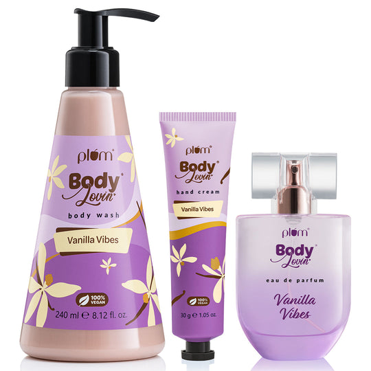 Plum Vanilla Crushin’ Bath & Body Trio by Plum BodyLovin’ | Creamy Non-Drying Body Wash | Long Lasting Perfume | Ultra Moisturizing & Non-Greasy Formula | Warm Vanilla Fragrance Buy at Indicrest