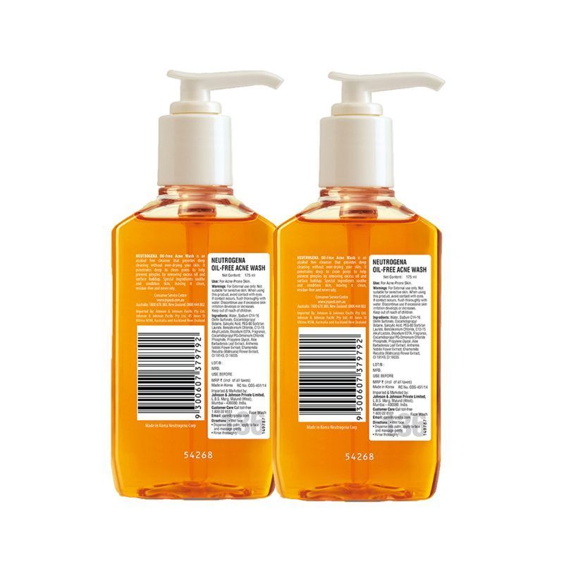 Neutrogena Oil Free Acne Wash Combo With 2% Salicylic Acid For Gentle Yet Effective Acne Cleansing, 2 X 175ml