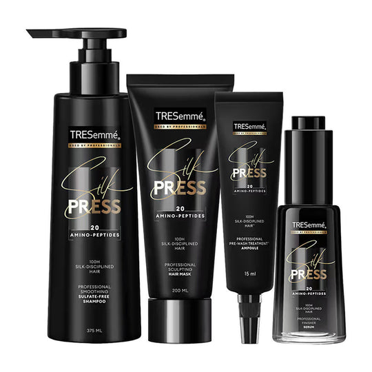 TRESemme Silk Press Complete Hair Care Regime, Shampoo, 375ml + Hair Mask, 200ml + Pre-Wash Treatment Ampoules, 15ml + Hair Serum, 38ml Combo Buy at Indicrest