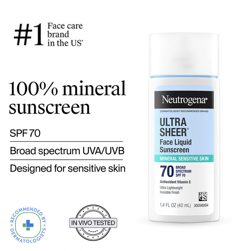 Neutrogena Ultrasheer Mineral Sunscreen SPF70 PA++++ Vitamin E, UVA & UVB, For Sensitive Skin, 40ml