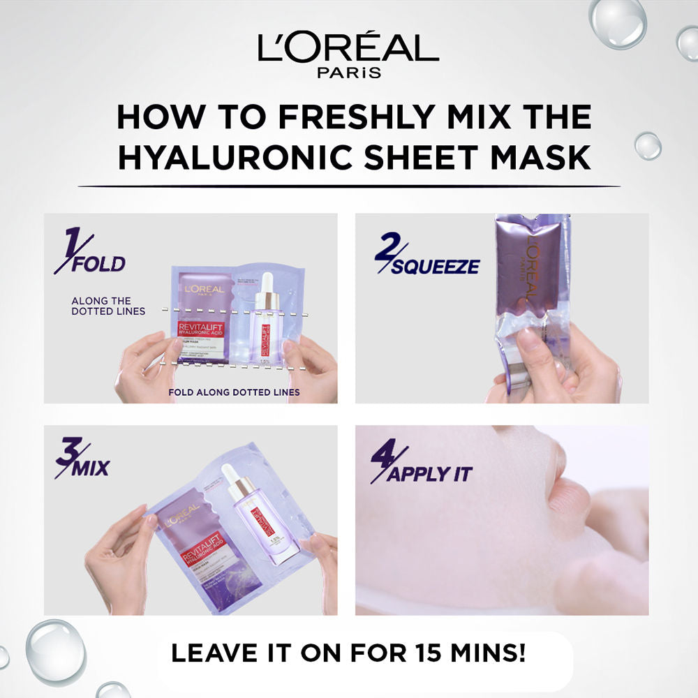 L'Oreal Paris Revitalift Hyaluronic Acid Fresh Mix Serum Hydrating Sheet Mask, 33g Buy at Indicrest Image 4