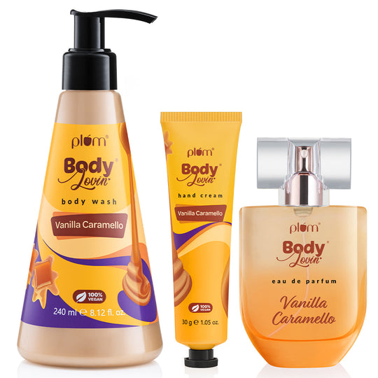 Plum Caramel Lovin’ Bath & Body Trio by Plum BodyLovin’ | Creamy Non-Drying Body Wash | Long Lasting Perfume | Ultra Moisturizing & Non-Greasy Formula Handcream | Yum Vanilla & Caramel Fragrance Buy at Indicrest