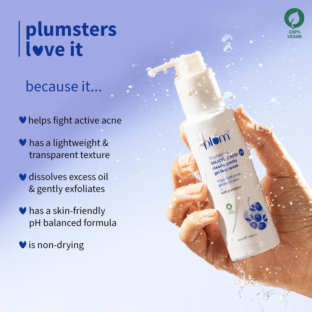 Plum Plum 1% Salicylic Acid Clearly Gentle Gel Face Wash with Blueberry | Helps Fight Active Acne | Gentle & Non-Drying | For Oily, Acne-Prone Skin | Beginner-Friendly | All Genders | 100% Vegan | 100 Ml, 100ml