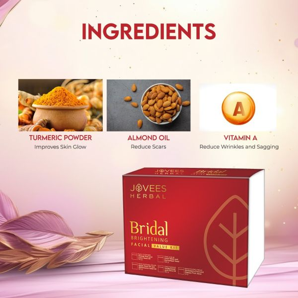 Jovees Herbal Bridal Brightening Facial Kit packaging with ingredients turmeric powder, almond oil, and vitamin A.