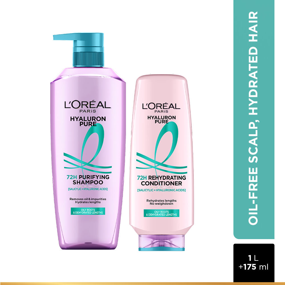 L'Oreal Paris Hyaluron Pure 2-Step Haircare Regime For 72H Oil-Free Scalp & Hydrated Hair Shampoo, 1000ml + Conditioner, 175ml Combo, 2 pieces Buy at Indicrest