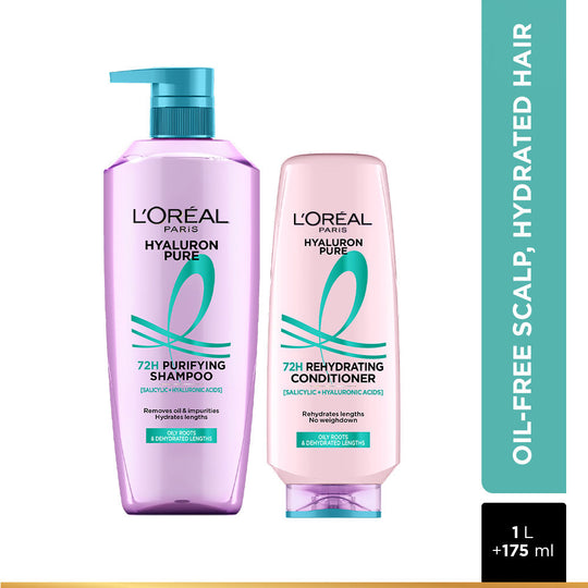 L'Oreal Paris Hyaluron Pure 2-Step Haircare Regime For 72H Oil-Free Scalp & Hydrated Hair Shampoo, 1000ml + Conditioner, 175ml Combo, 2 pieces Buy at Indicrest