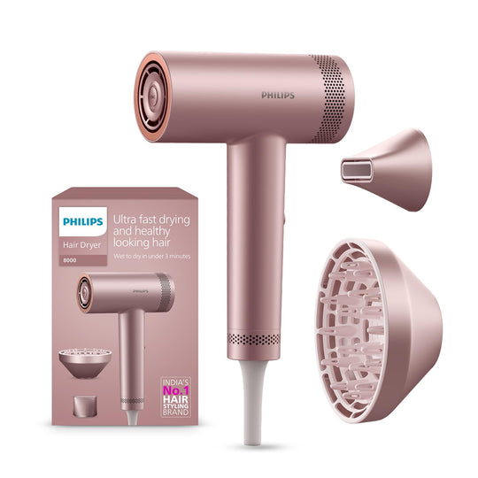 Philips Hydrating Hair Dryer | Water ions maintain 100% Hair strength | Mositure Rich Shine & Frizz Reduction | ThermoShield Sensors for customized drying | Powerful BLDC Motor, Wet to Dry in 3 Min | BHD833/10 Buy at Indicrest