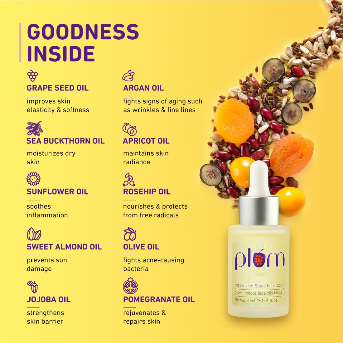 Plum Grape Seed & Sea Buckthorn Glow-Restore Face Oils Blend, 30ml