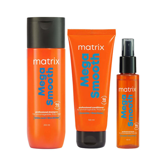 MATRIX Mega Smooth Shampoo (200ml), Conditioner (100ml) & Serum(100ml) Combo with Shea Butter for Frizzy Hair | Max Smoothness for 4 Days | Used by 1 Lakh Hairstylists* | For All Hair Types - Buy from Indicrest
