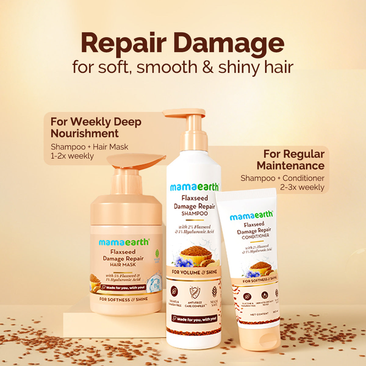 Mamaearth Flaxseed Damage Repair Shampoo with 2% Flaxseed & 1% Hyaluronic Acid for Volume & Shine -250 ml - Image 7 - Buy from Indicrest