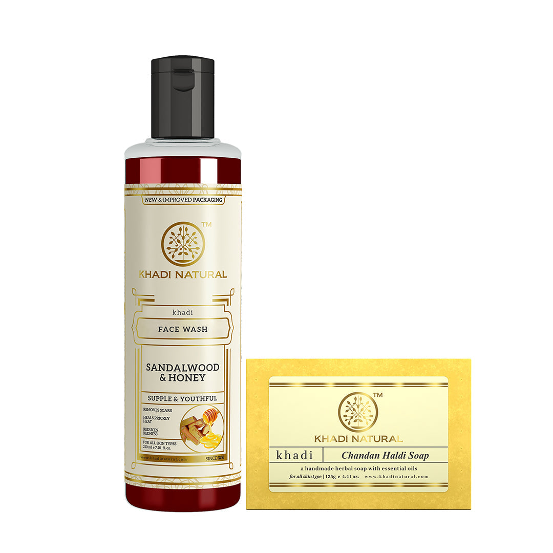 Khadi Herbal Sandalwood & Honey Face Wash with Chandan Haldi Soap Combo (Set of 2) - Buy from Indicrest
