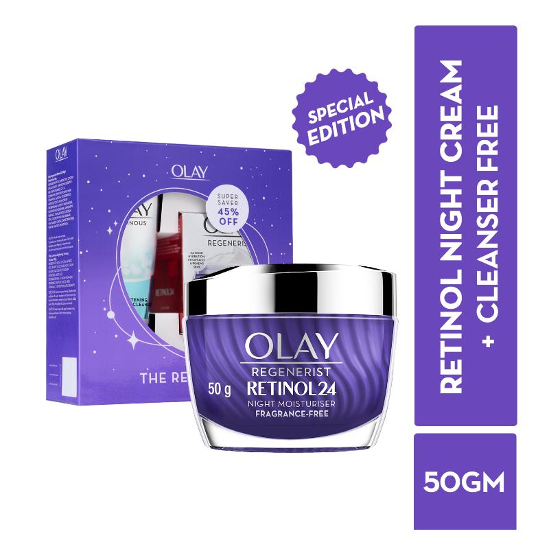 Olay Retinol Kit For Overnight Repair, Anti-Ageing Night Cream With Cleanser, Fragrance Free, 150g Buy at Indicrest