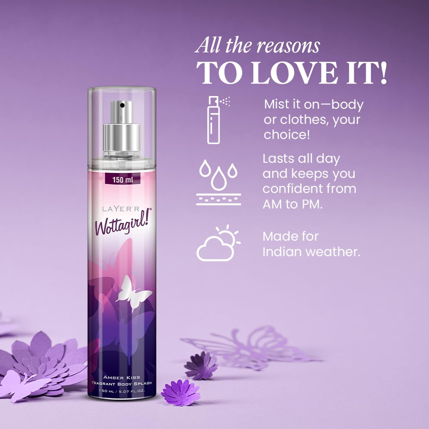 Wottagirl Wottagirl! Amber Kiss Body Splash 150ml | Playful & Fresh Floral Mist with Aquatic and Amber Notes | Long-Lasting, Skin-Friendly & Cruelty-Free Fragrance  - Image 4 - Buy from Indicrest