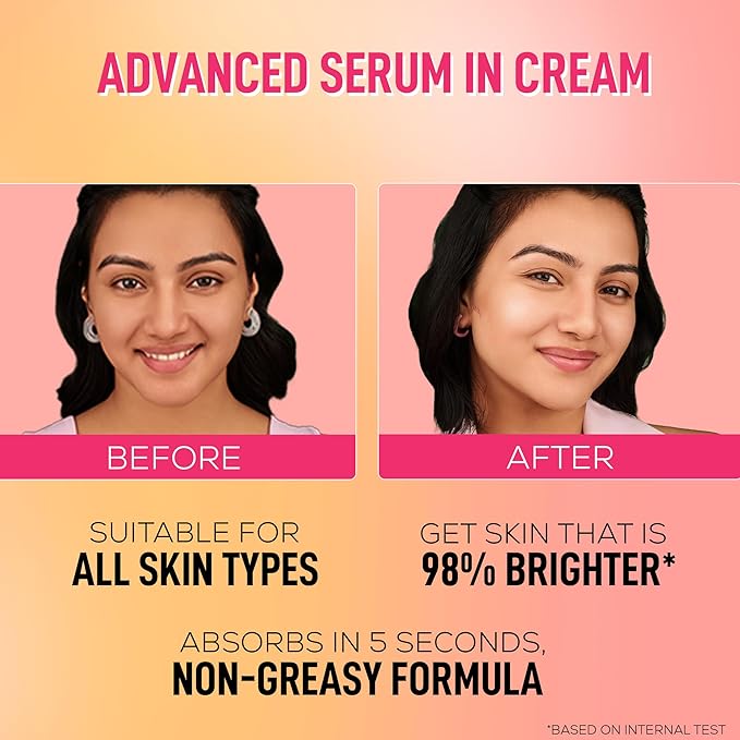 Before and after comparison of a woman's skin with text about an advanced serum in cream.