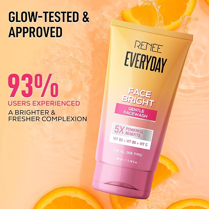 Tube of Revive Everyday Face Bright Gentle Face Wash with oranges on a peach background