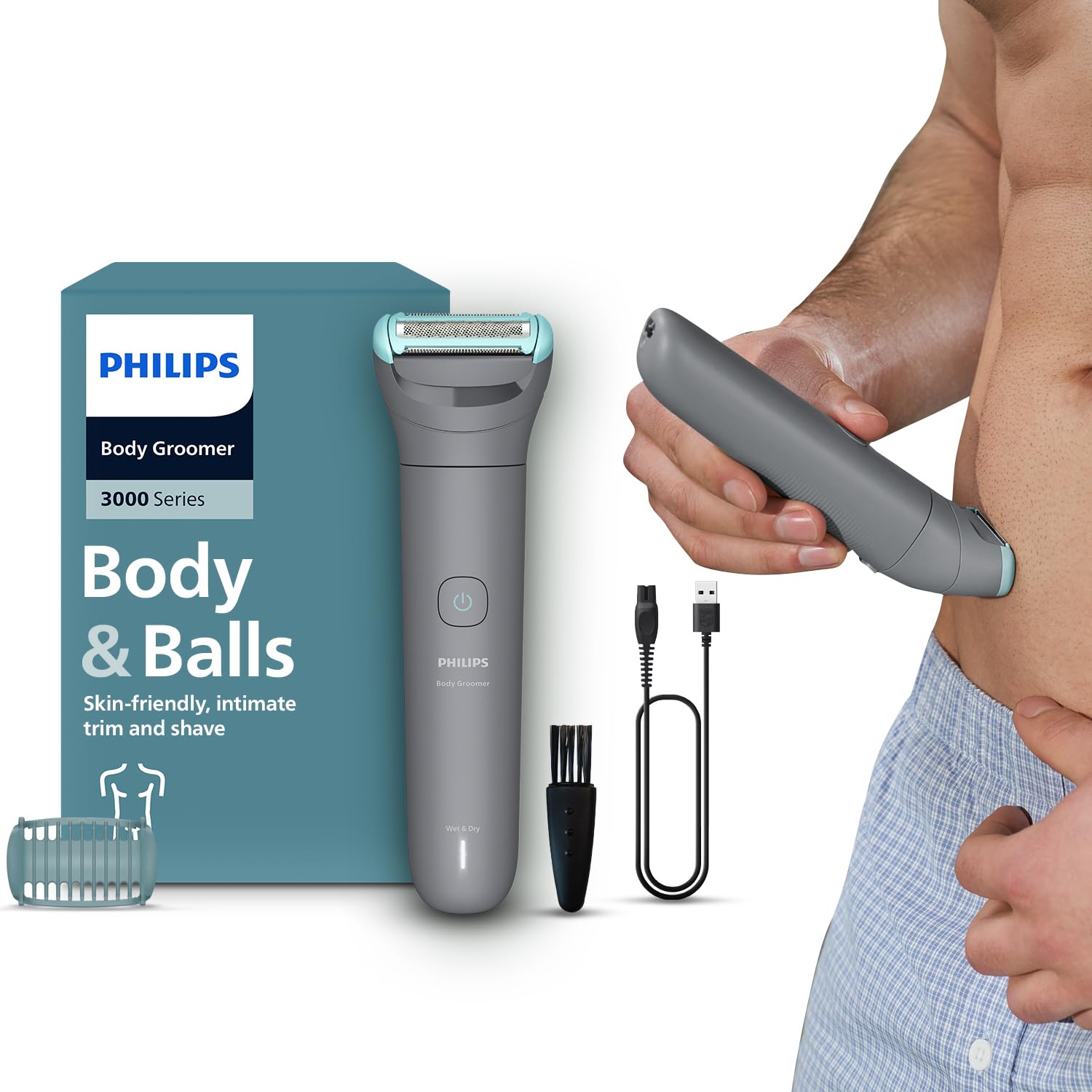 Philips Body Trimmer for Men Private Parts, Clinically Tested for Sensitive Skin, Patented Pearl Tip & Hypo Allergenic Foil, Skin Safe Grooming, Trim or Shave, Waterproof, 5 Year Warranty, BG3470/15