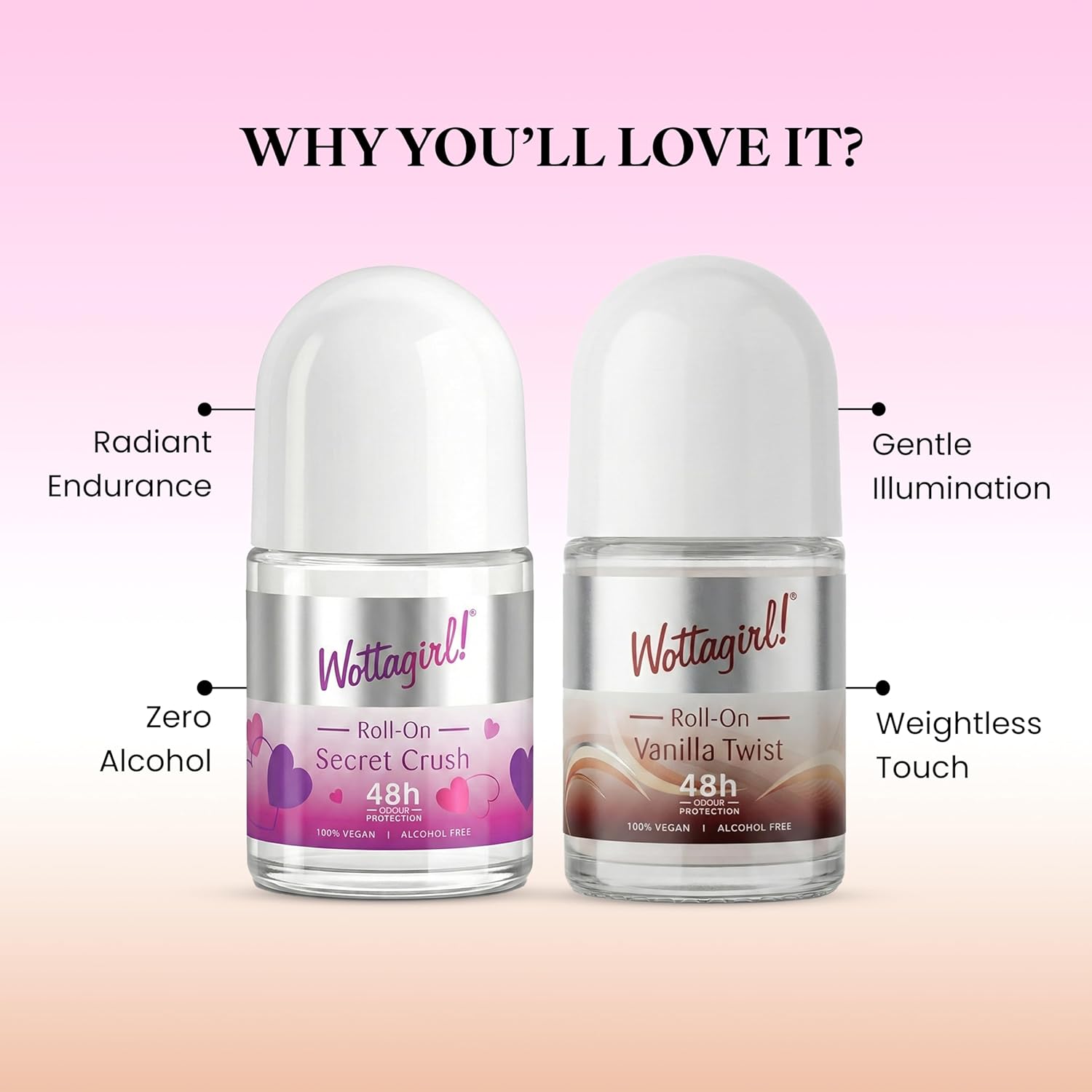 Wottagirl Wottagirl Underarm Roll On Combo (25ml X 2) - Secret Crush & Vanilla Twist | 48H Odour Protection | Alcohol-Free | Vegan Deodorant for Women - Image 6 - Buy from Indicrest