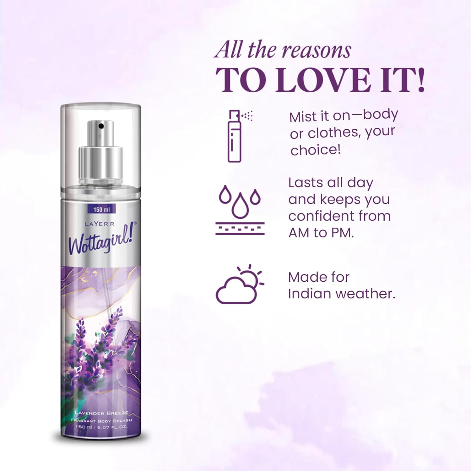 Wottagirl Wottagirl! Lavender Breeze Body Splash, 150ml | Long-Lasting Floral Fragrance for Women | Dreamy Lavender Notes | Soothing Scent, Skin-Friendly  - Image 5 - Buy from Indicrest