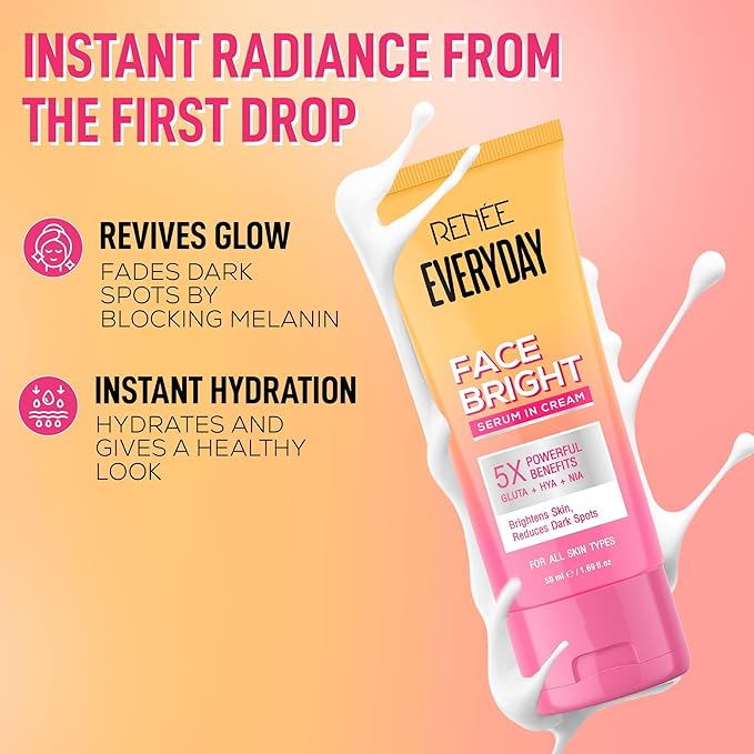 Tube of Renee Everyday Face Bright Serum in Cream with product features on a pink background