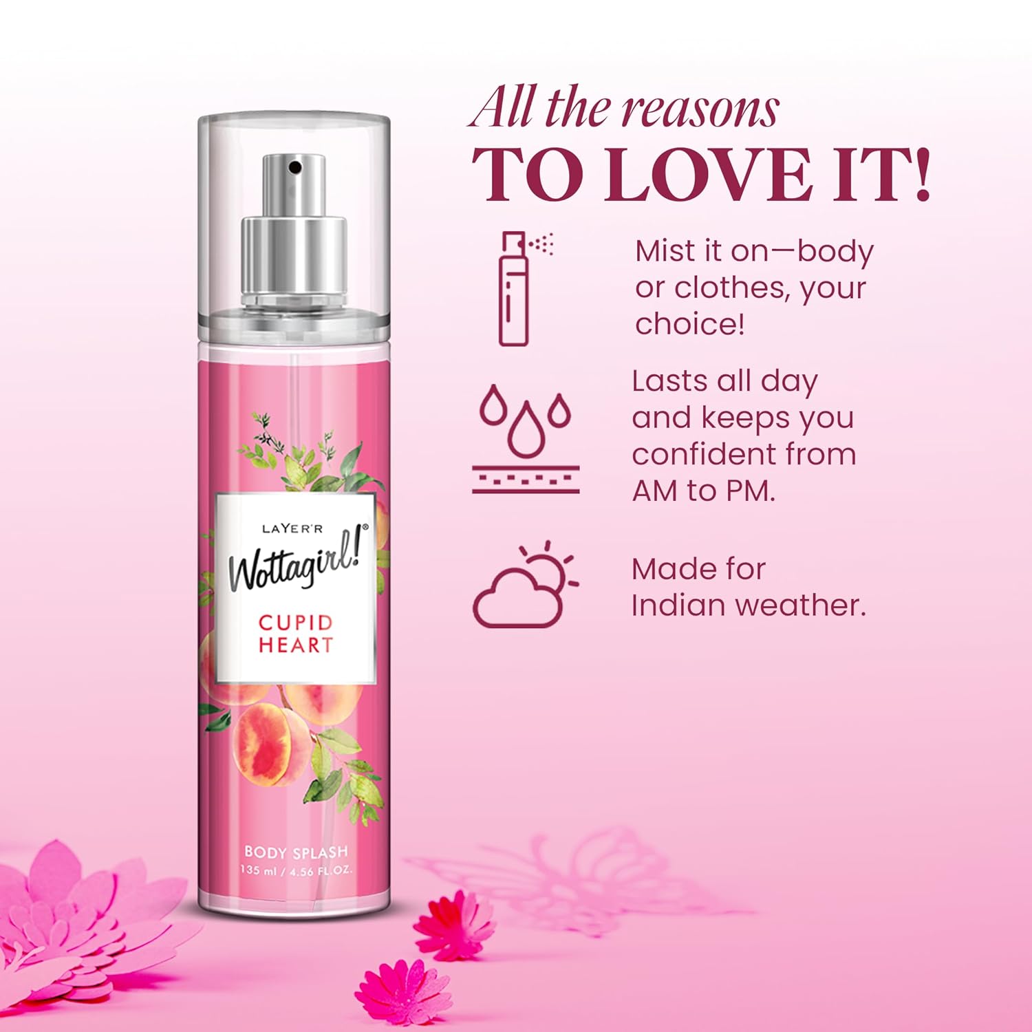 Wottagirl Wottagirl! Cupid Heart Body Splash, 135ml | Long-Lasting Fresh Fruity Floral Body Mist for Women | Melon, Red Fruits & Jasmine Notes - Image 5 - Buy from Indicrest