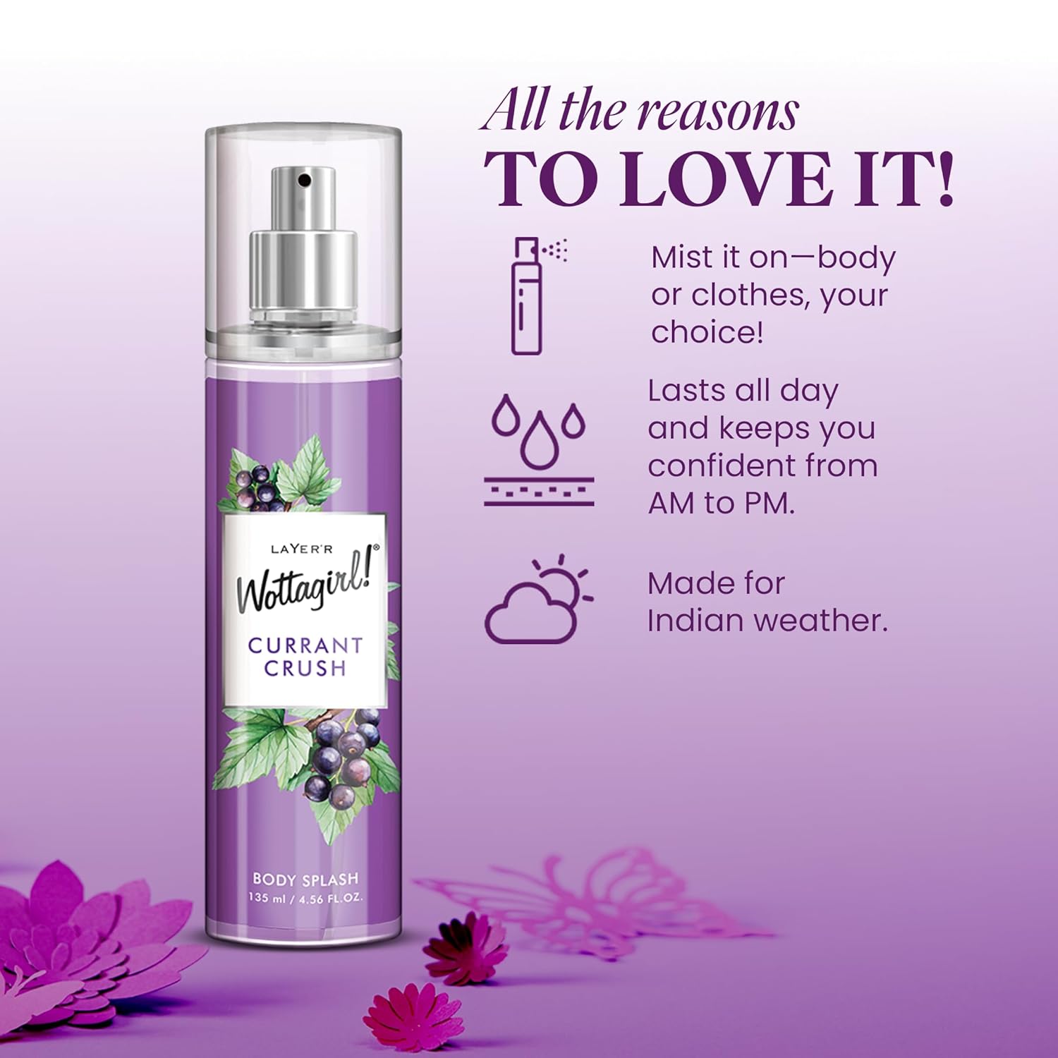 Wottagirl Wottagirl! Currant Crush Body Splash, 135ml | Long-Lasting Fresh & Fruity Floral Body Mist for Women | Strawberry, Blackcurrant & Rose Notes  - Image 3 - Buy from Indicrest