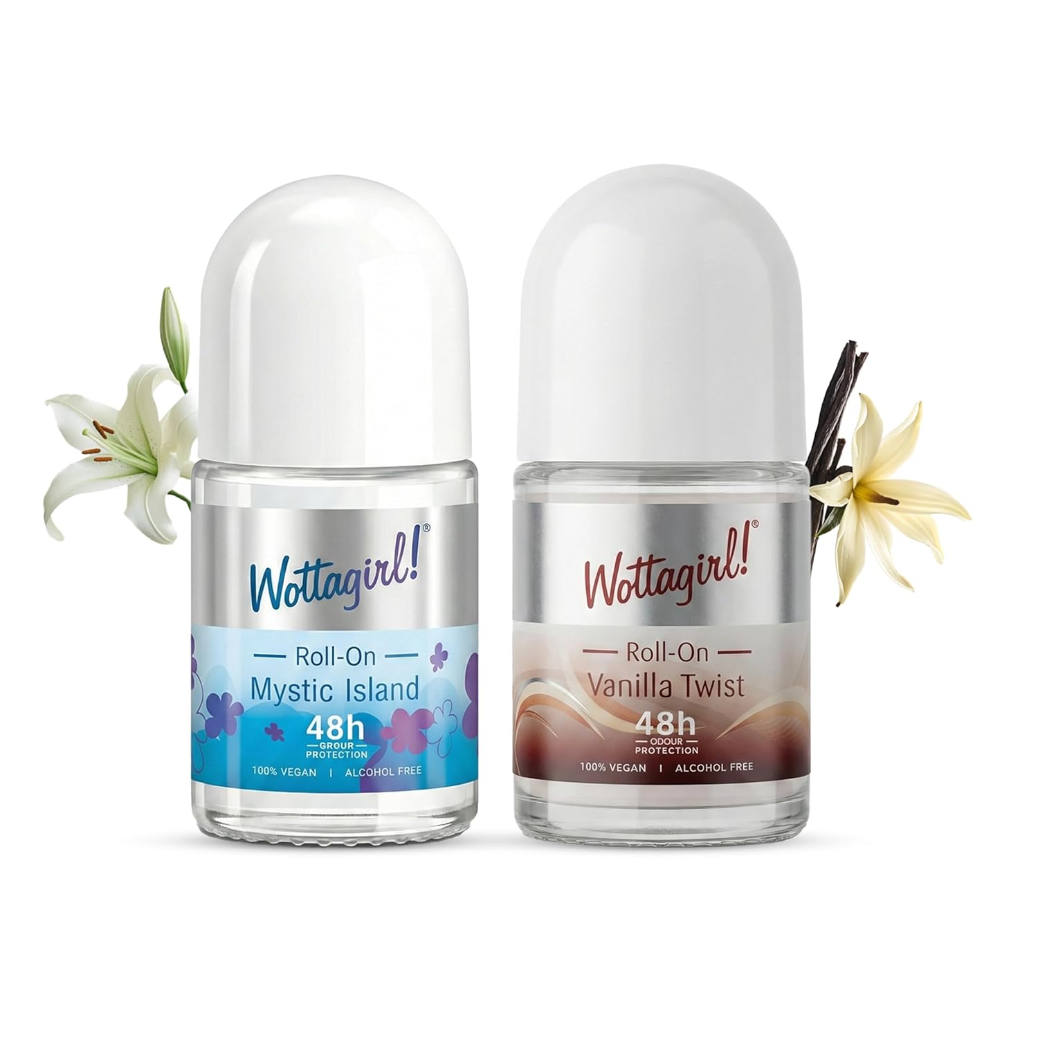 Wottagirl Wottagirl Underarm Roll On Combo (25ml X 2) - Mystic Island & Vanilla Twist | 48H Odour Protection | Alcohol-Free | Vegan Deodorant for Women - Buy from Indicrest