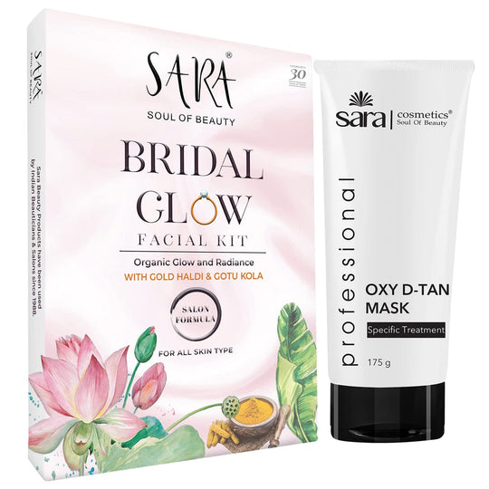 Sara Bridal Glow Facial Kit With Gold Haldi and Gotu Cola For Instant Brightening and Whitening Skin, Suitable For All Skin Types, With Oxy D-Tan Mask 175gm (Combo pack), 216g - Buy from Indicrest