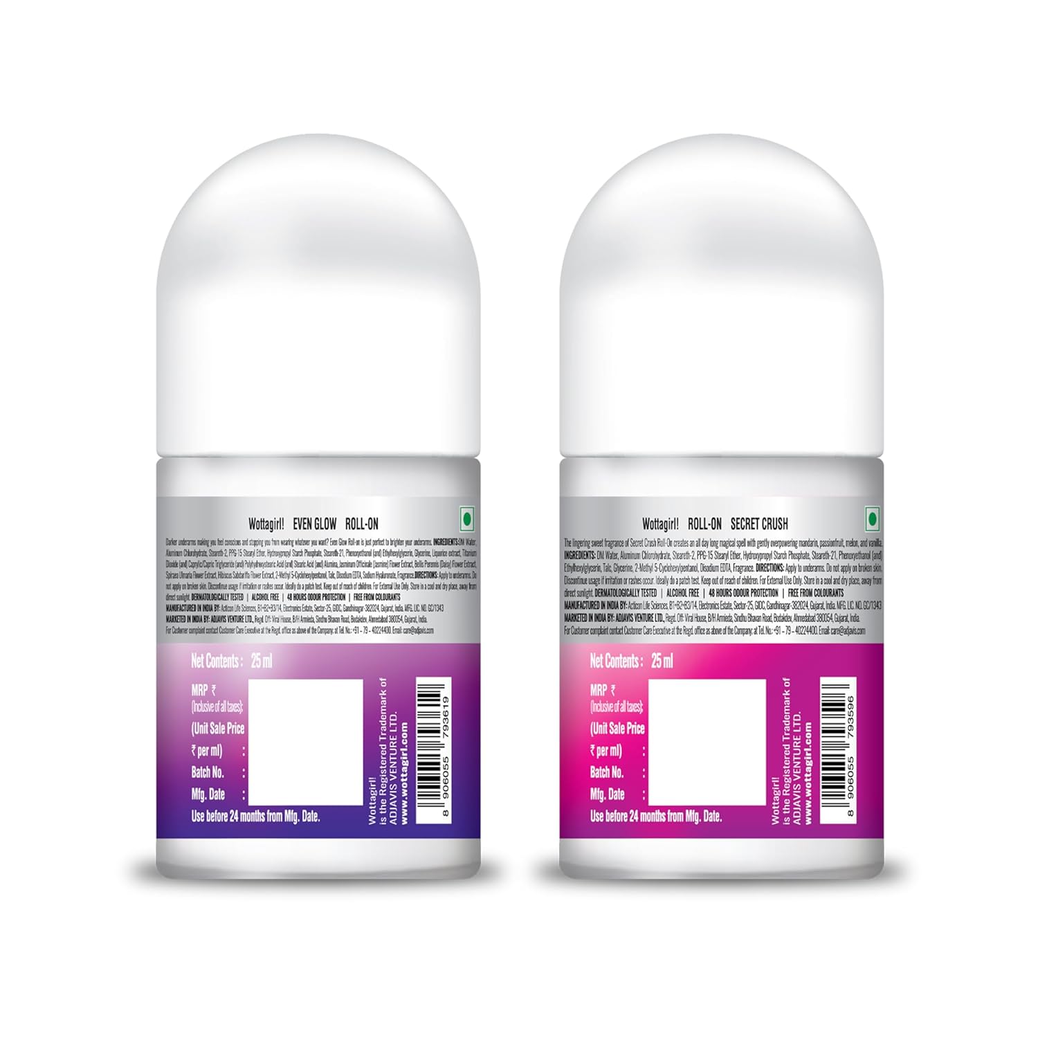 Wottagirl Wottagirl Underarm Roll On Combo (25ml X 2) - Even Glow Brightening & Secret Crush | 48H Odour Protection | Alcohol-Free | Vegan Deodorant for Women - Image 8 - Buy from Indicrest