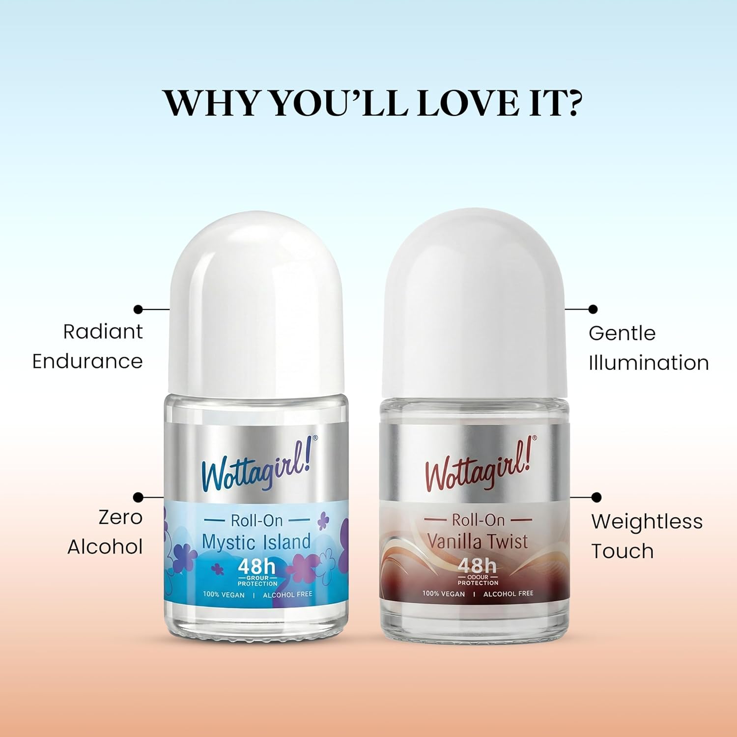 Wottagirl Wottagirl Underarm Roll On Combo (25ml X 2) - Mystic Island & Vanilla Twist | 48H Odour Protection | Alcohol-Free | Vegan Deodorant for Women - Image 7 - Buy from Indicrest