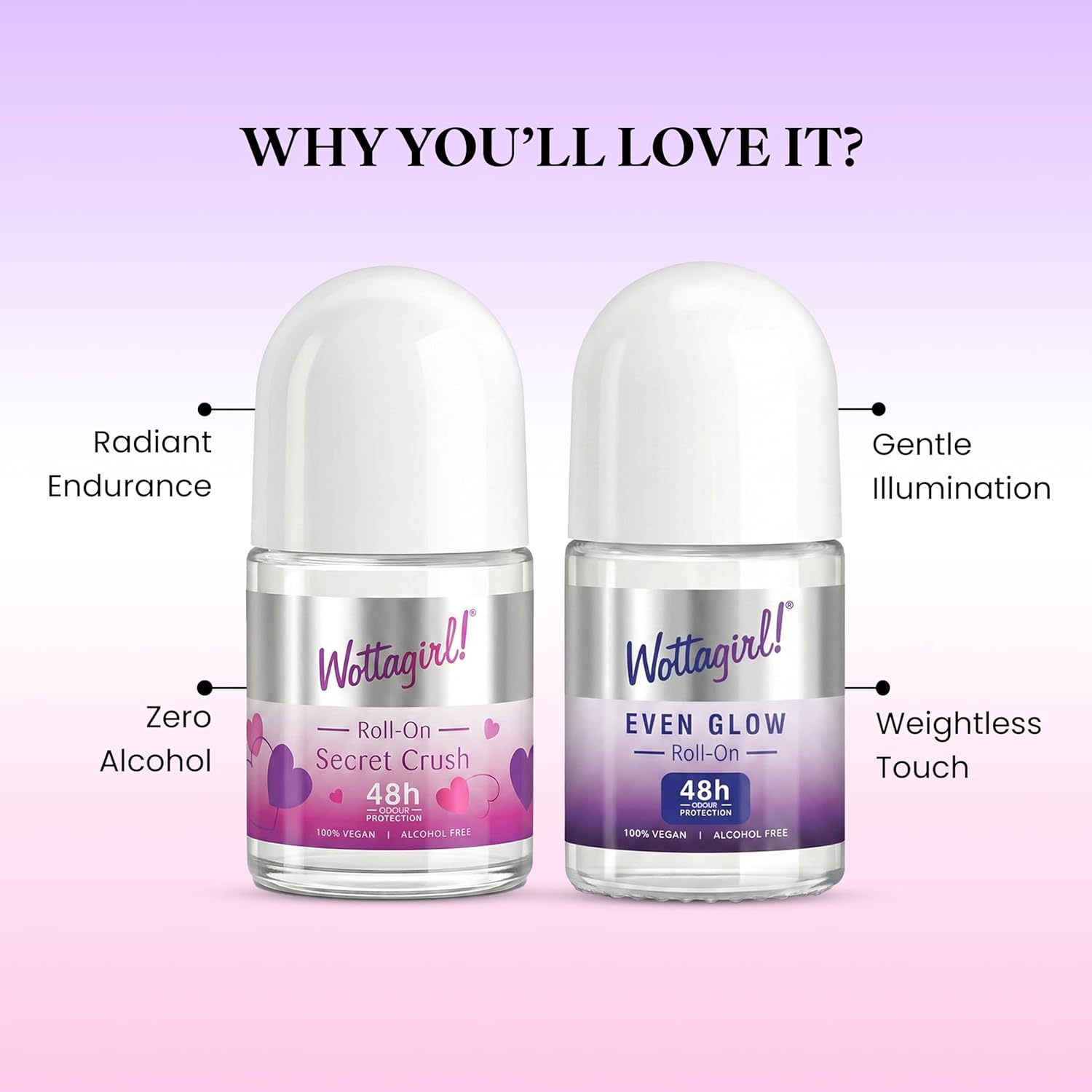 Wottagirl Wottagirl Underarm Roll On Combo (25ml X 2) - Even Glow Brightening & Secret Crush | 48H Odour Protection | Alcohol-Free | Vegan Deodorant for Women - Image 5 - Buy from Indicrest