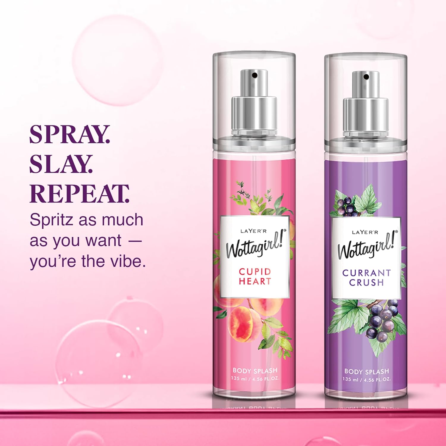 Wottagirl Wottagirl! Cupid Heart & Currant Crush Body Splash Combo for Women, 2X135ml | Long-Lasting Fresh Fruity Floral Body Mist | Melon, Red Fruits, Strawberry & Rose Notes | Everyday Wear | Skin-Friendly  - Image 5 - Buy from Indicrest