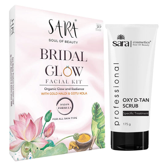 Sara Bridal Glow Facial Kit and Sara Oxy D-Tan Scrub Combo, Glow Booster and Skin Exfoliator Formula, Combo All Skin Types, For Women and Men, 41+175g - Buy from Indicrest