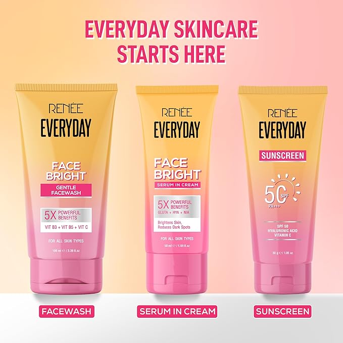 Three skincare products from the brand 'Rénèe Everyday' on a pink background with text 'Everyday Skincare Starts Here'.